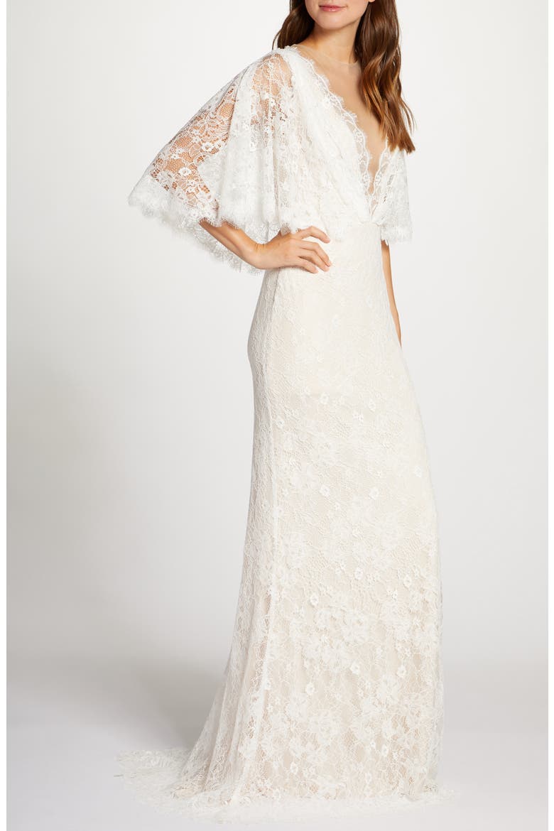 Capelet Lace Wedding Dress, Alternate, color, IVORY/ PETAL
