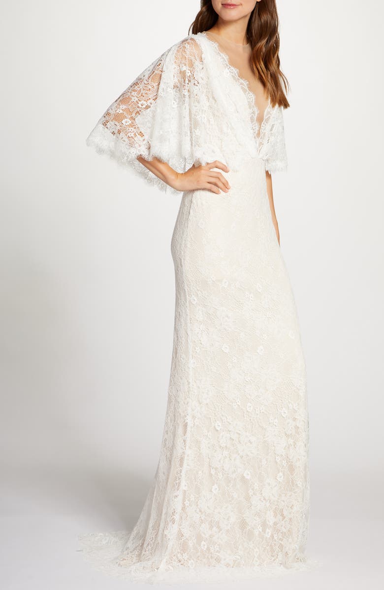 Tadashi Shoji Capelet Lace Wedding Dress, Alternate, color,