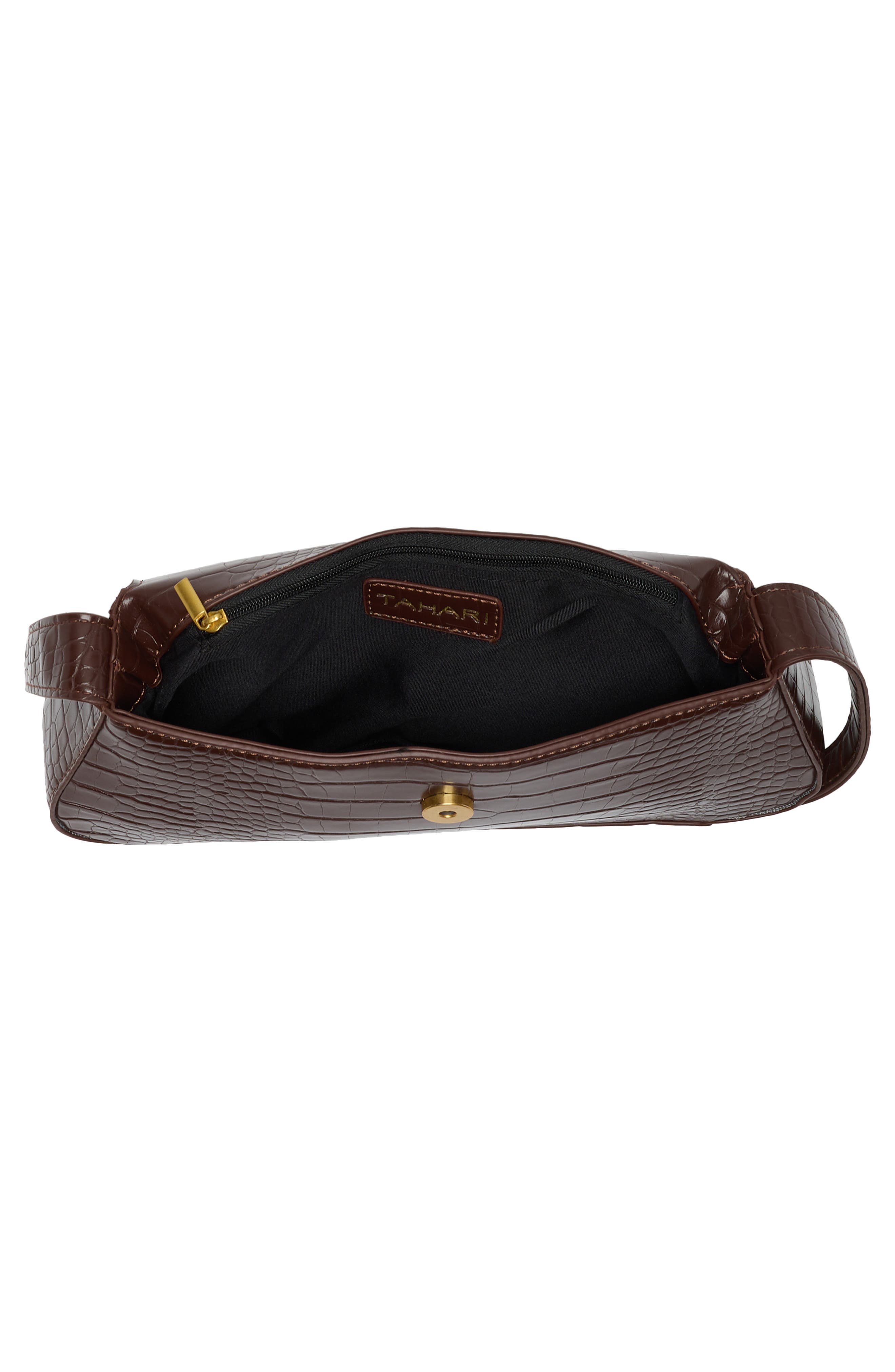 Frankie Croc Embossed Faux Leather Flap Shoulder Bag, Alternate, color, COCOA