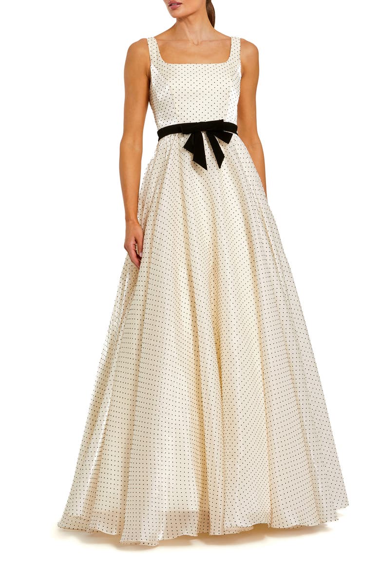 Women's Polka Dot Organza Square Neck Ballgown with Velvet Bow, Main, color, Ivory