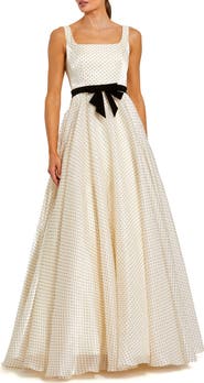 Mac Duggal Women's Polka Dot Organza Square Neck Ballgown with Velvet Bow