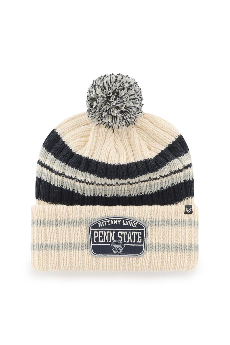Men's '47 Natural Penn State Nittany Lions Hone Patch Cuffed Knit Hat with Pom, Main, color, Natural