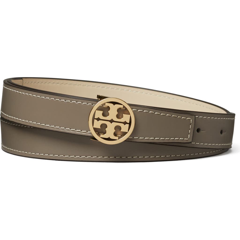 Tory Burch Miller Reversible Leather Belt In Gray Heron/new Cream/gold