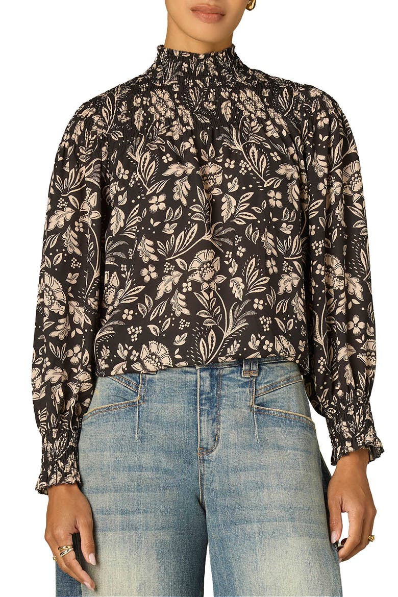 Long Smock Flounce Sleeve Funnel Neck Top, Main, color, BLACK/ PEARL DUST
