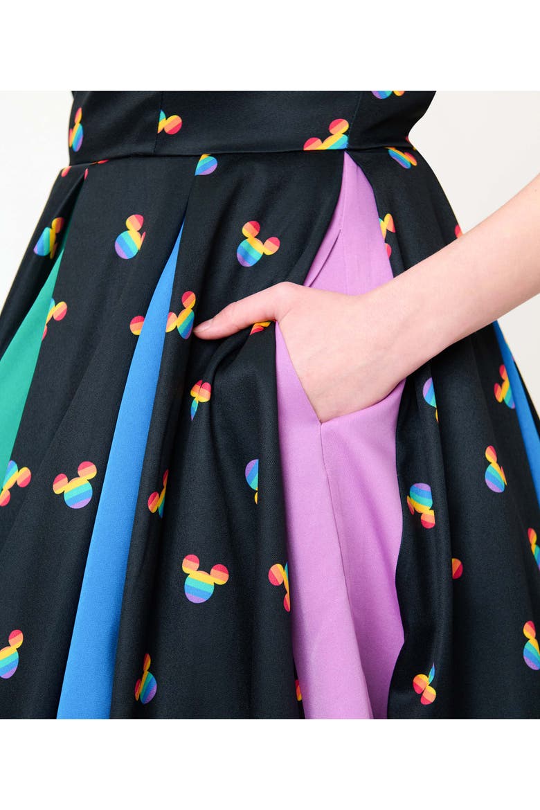 Square Neck Sleeveless Godet Swing Dress, Alternate, color, Black Rainbow Mickey Print