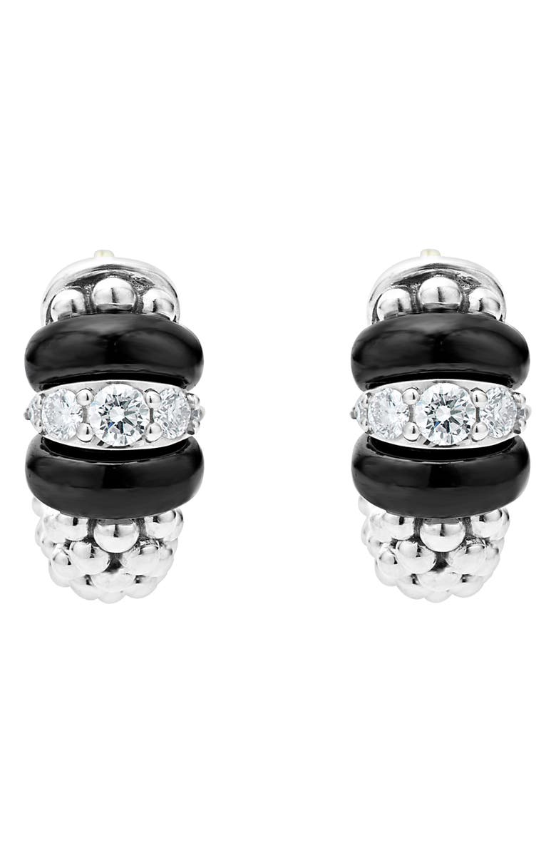 LAGOS Black Caviar Diamond Huggie Hoop Earrings, Main, color, Sterling Silver