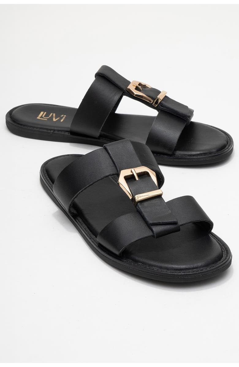 Forever & Always Shoes Sveta Leather Buckled Sandal, Alternate, color, Black Leather