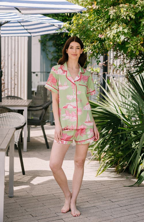 Katie Kime Florida Toile Pajama Short Set In Green Pink In Green