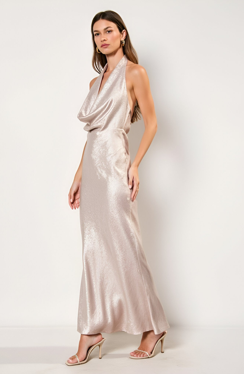 Modenaire Shimmer Cowl Neck Halter Gown With Open Back And Floor-length Skirt In Gold