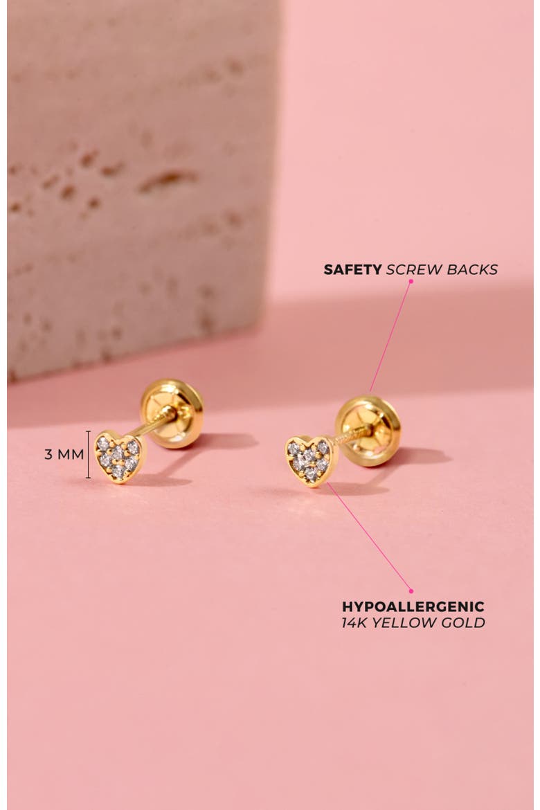 14k Tiny Pave Cubic Zirconia Heart Earrings, Alternate, color, Gold