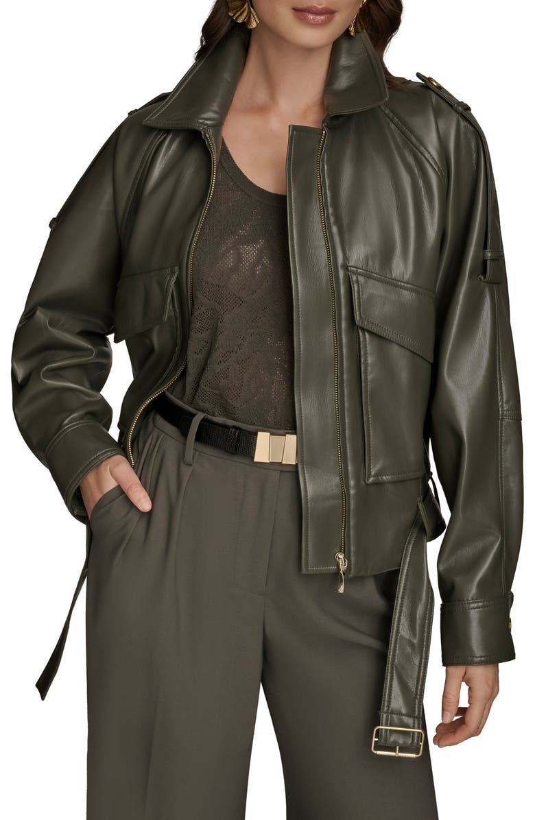 Donna Karan New York Belted Faux Leather Moto Jacket, Alternate, color, Dark Mineral