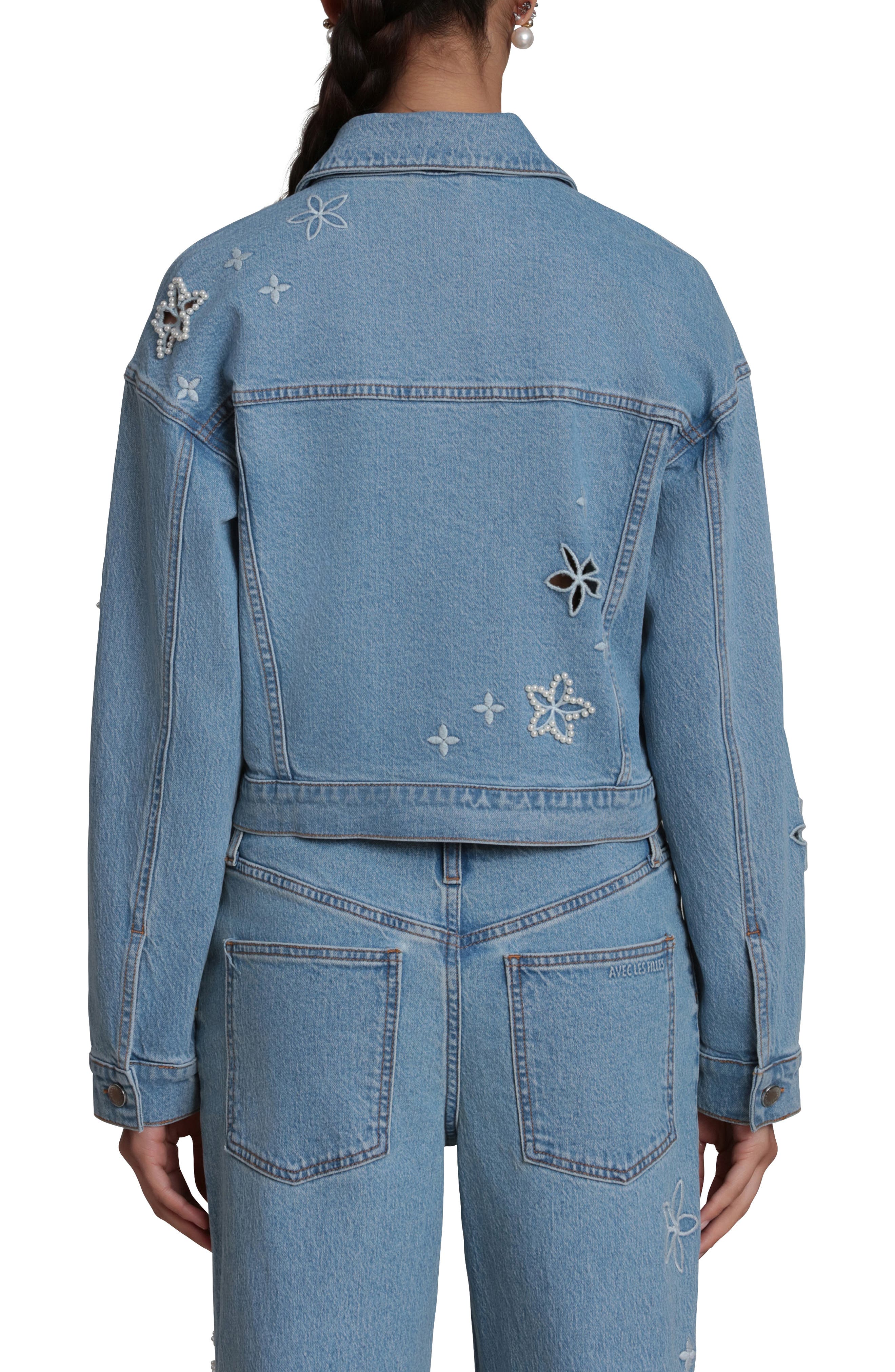 Faux Pearl Floral Denim Jacket - image 2