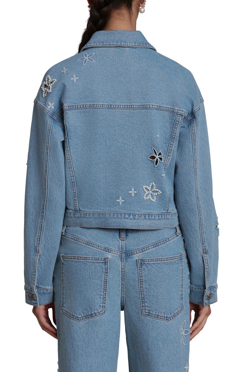 Avec Les Filles Faux Pearl Floral Denim Jacket, Alternate, color, Fleur Stamp/ Nikki Wash