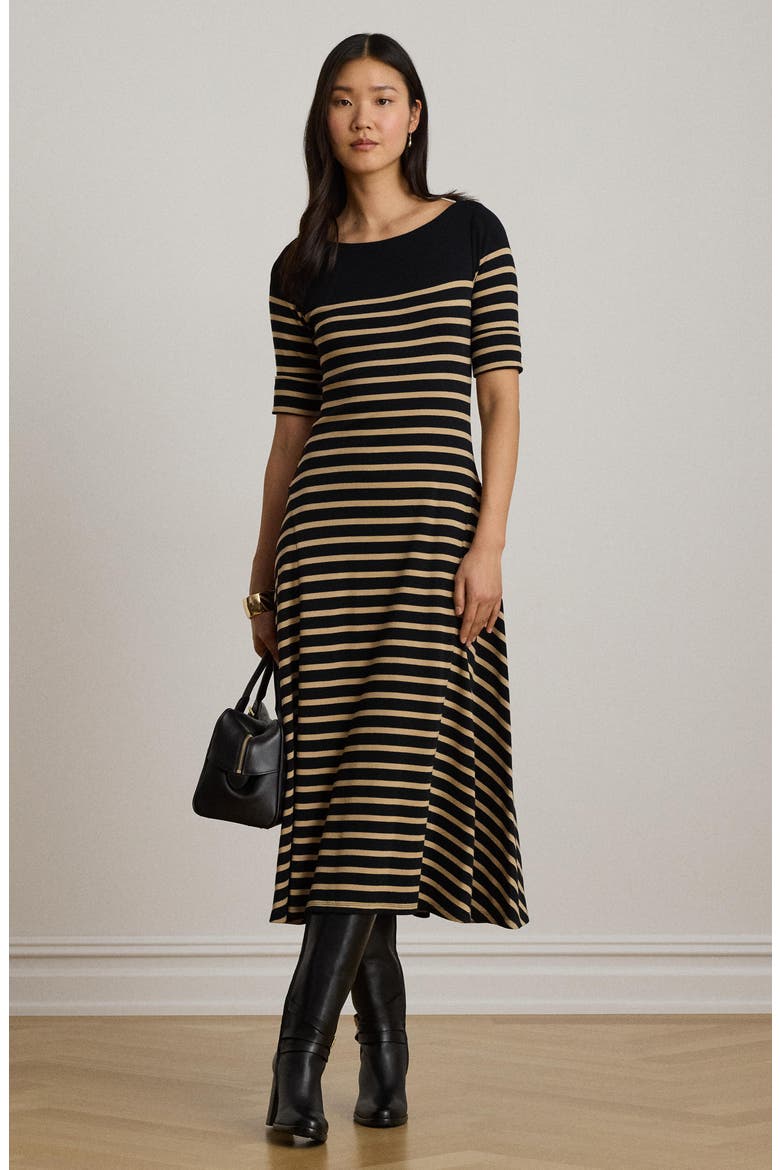 Striped Boat Neck Cotton Jersey Midi Dress, Alternate, color, BLACK/ BIRCH BEIGE