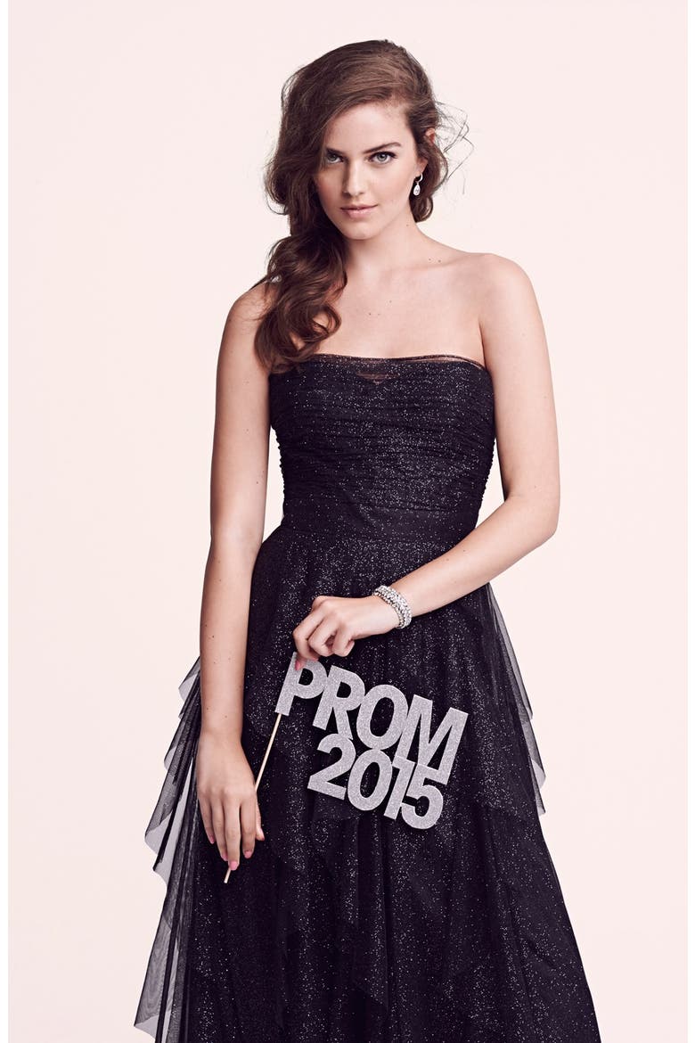 Glitter Mesh Strapless Ballgown, Alternate, color, BLACK