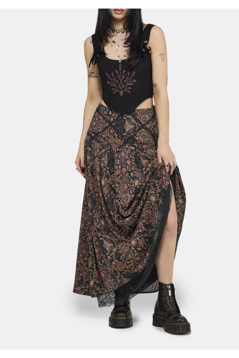 Mythos Print Lace Detail Midaxi Skirt, Main, color, Black