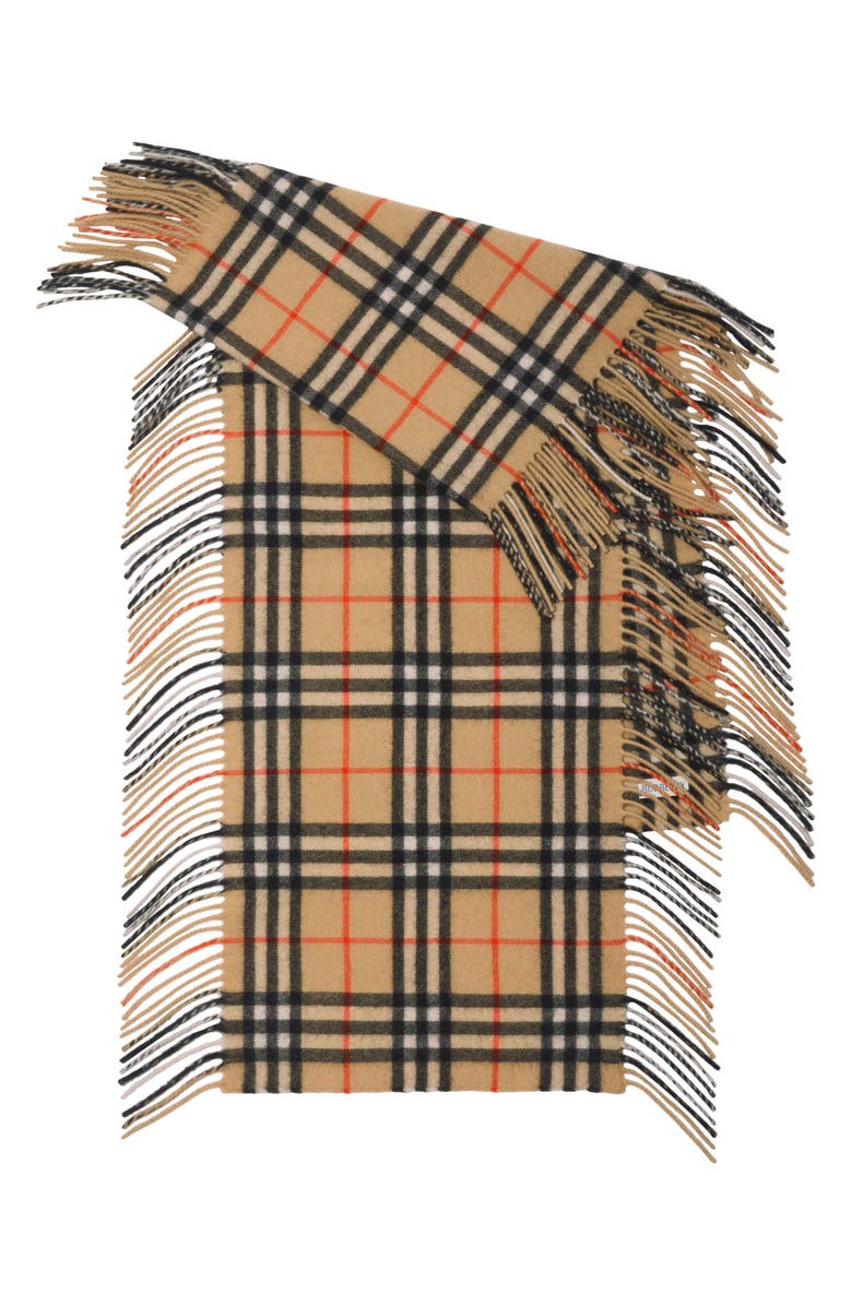 Burberry Medium Check Happy Fringe Cashmere Scarf, Main, color, Sand