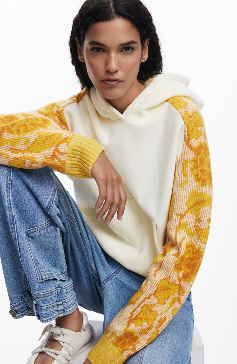 Desigual Mixed Media Hoodie, Alternate, color, Ivory/ Yellow