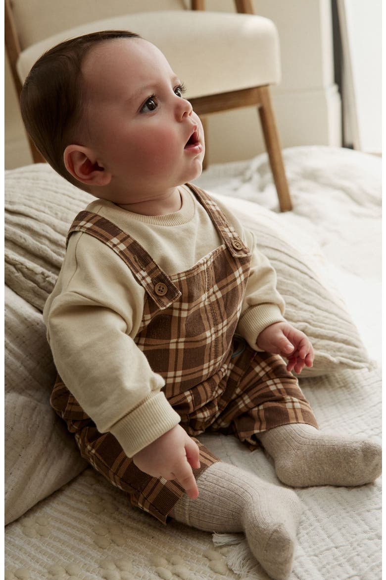 Check Cotton Sweatshirt Bodysuit & Overalls Set, Alternate, color, TAN