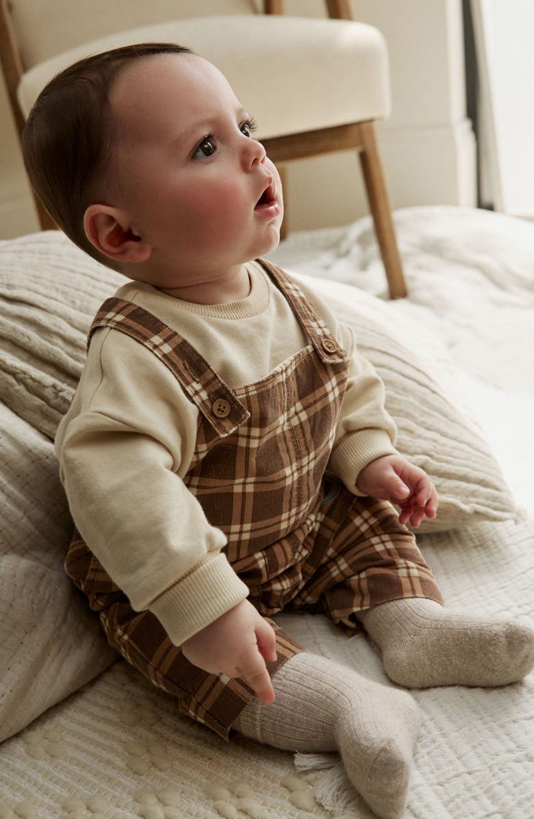NEXT Check Cotton Sweatshirt Bodysuit & Overalls Set, Alternate, color, Tan