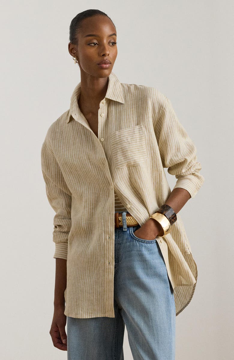 Lauren Ralph Lauren Relaxed Fit Stripe Linen Shirt, Alternate, color, Brown/ White