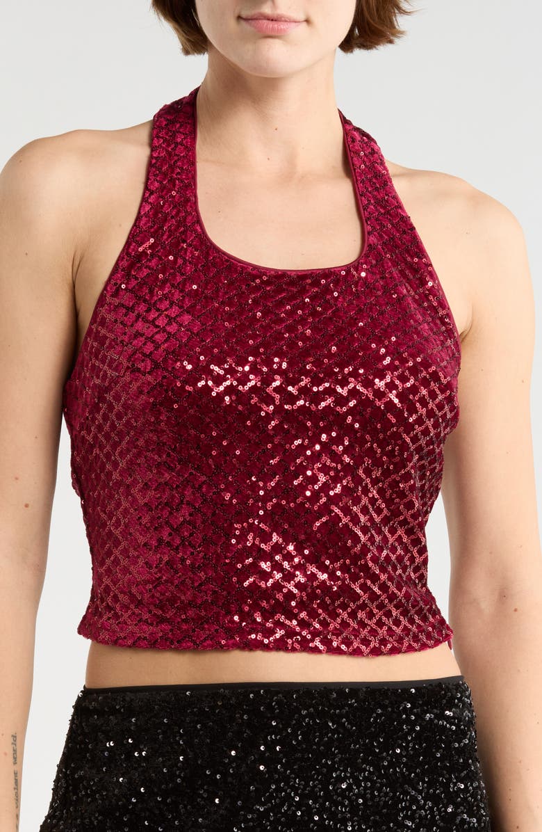 LE LIS Sequined Velvet Halter Top, Main, color, Burgundy