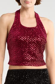 LE LIS Sequined Velvet Halter Top