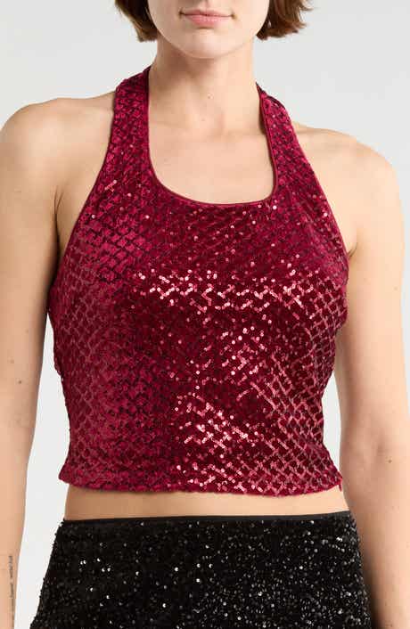 LE LIS Sequined Velvet Halter Top