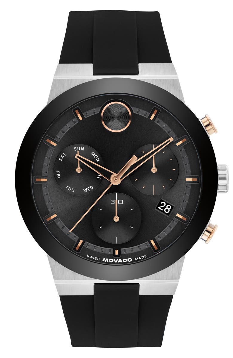 Movado Bold Fusion Chronograph Silicone Strap Watch, 44.5mm, Main, color, Black