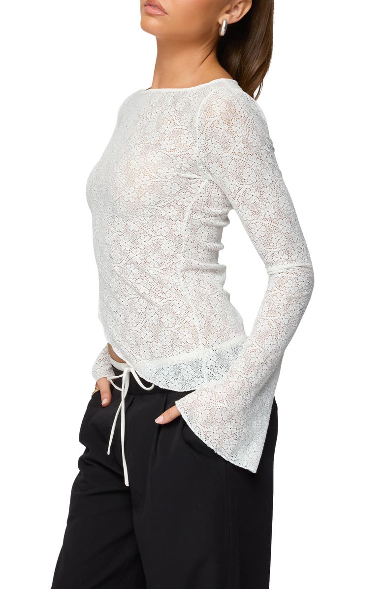 EDIKTED Mare Asymmetric Sheer Lace Top, Alternate, color, White