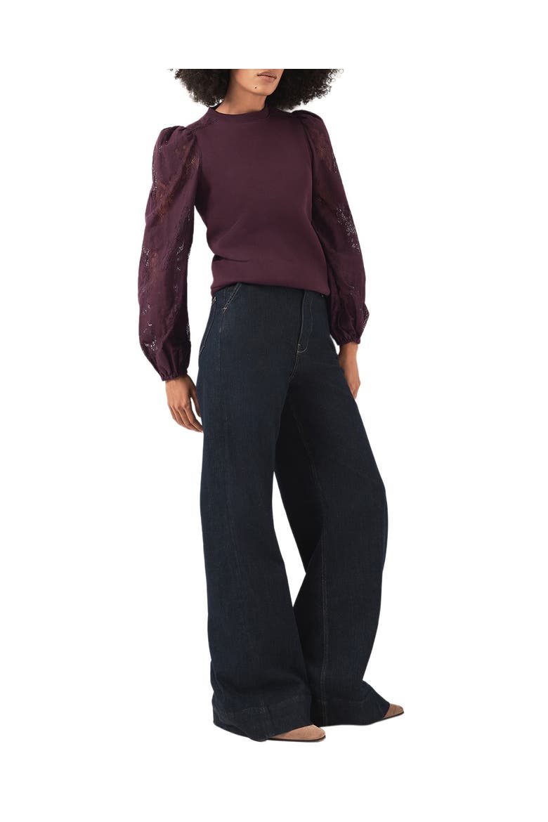 Cotton Blend Lace Sleeve Sweatshirt, Alternate, color, Burgundy
