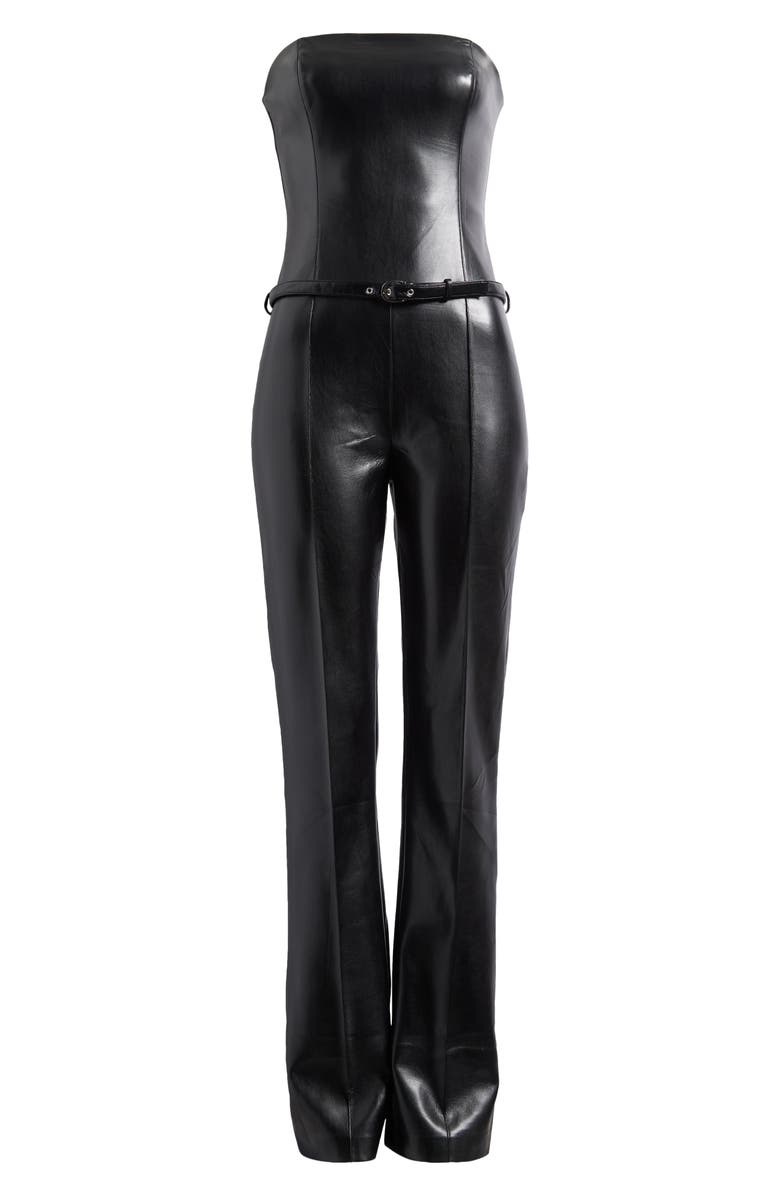 Amanda Uprichard Amoret Belted Strapless Faux Leather Jumpsuit, Alternate, color,
