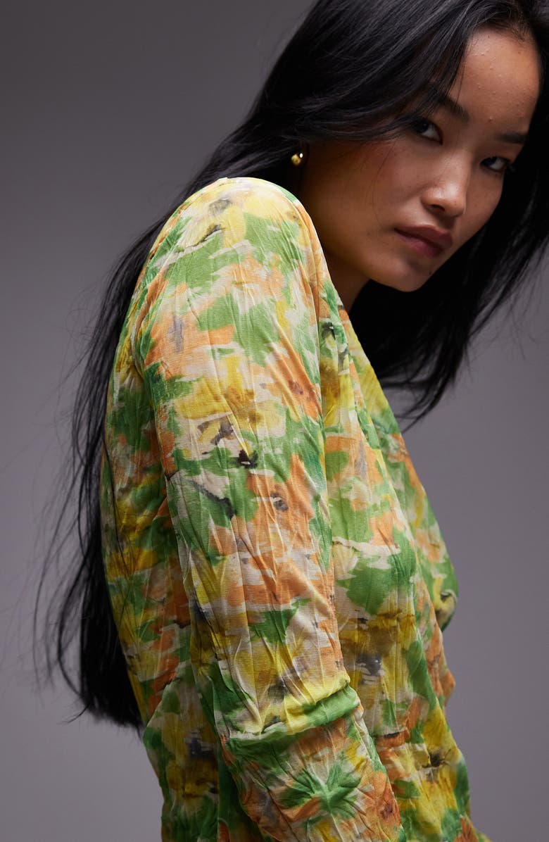 Topshop Watercolor Floral Crinkle Top, Alternate, color, Medium Green