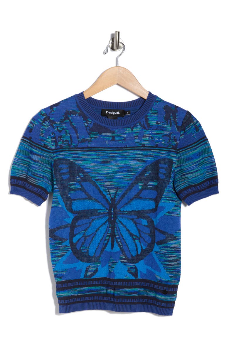 Desigual Butterfly Short Sleeve Sweater, Alternate, color, Azul Oscuro