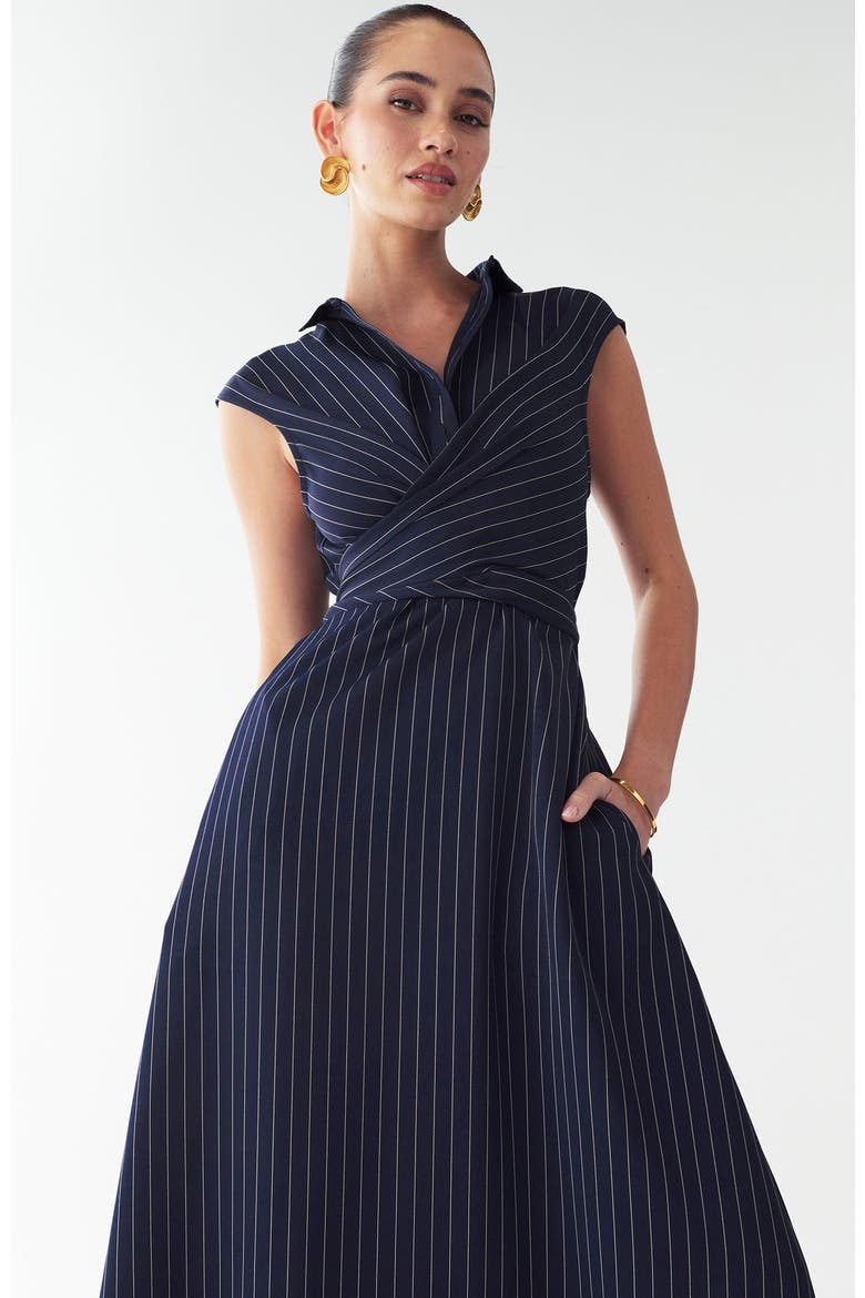 Gaia Midi Dress, Alternate, color, Navy Pinstripe