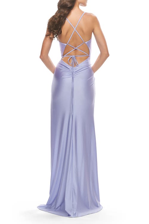 La Femme Fringe Beaded Slit Jersey Gown With Lace Up Back In Light Periwinkle