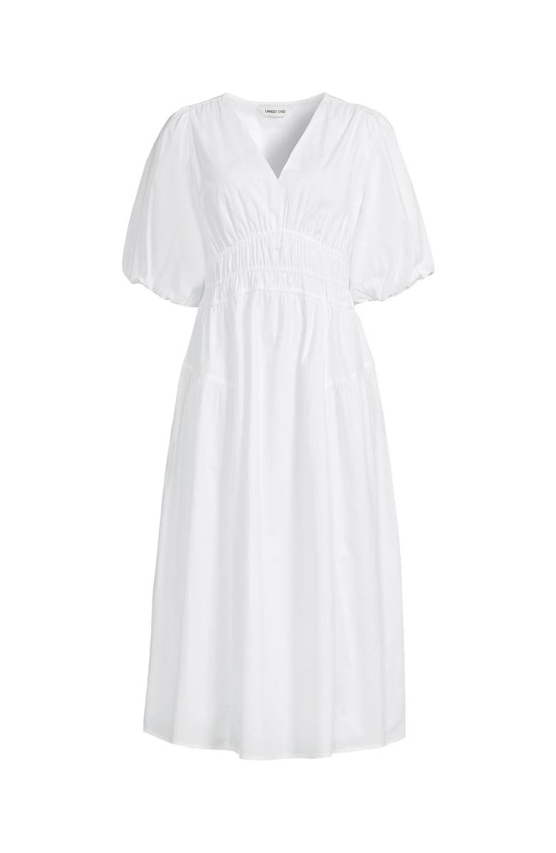 Lands' End Puff Sleeve Smocked Waist V Neck Dress, Alternate, color, White