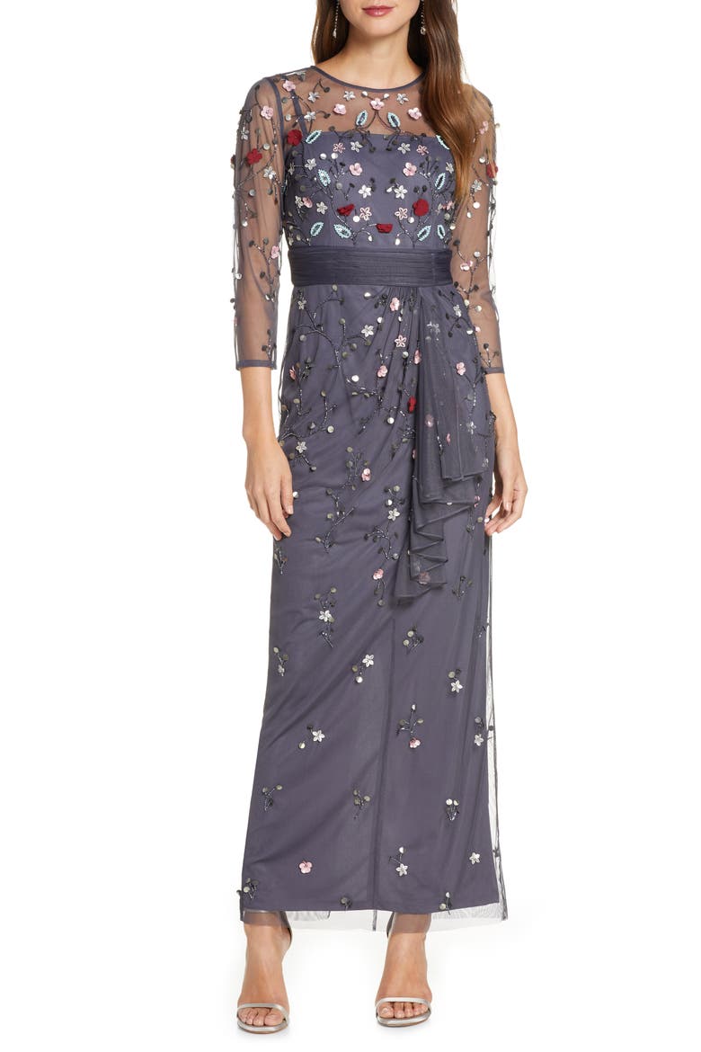 Floral 3D Embellished Gown, Main, color, CHARCOAL MULTI