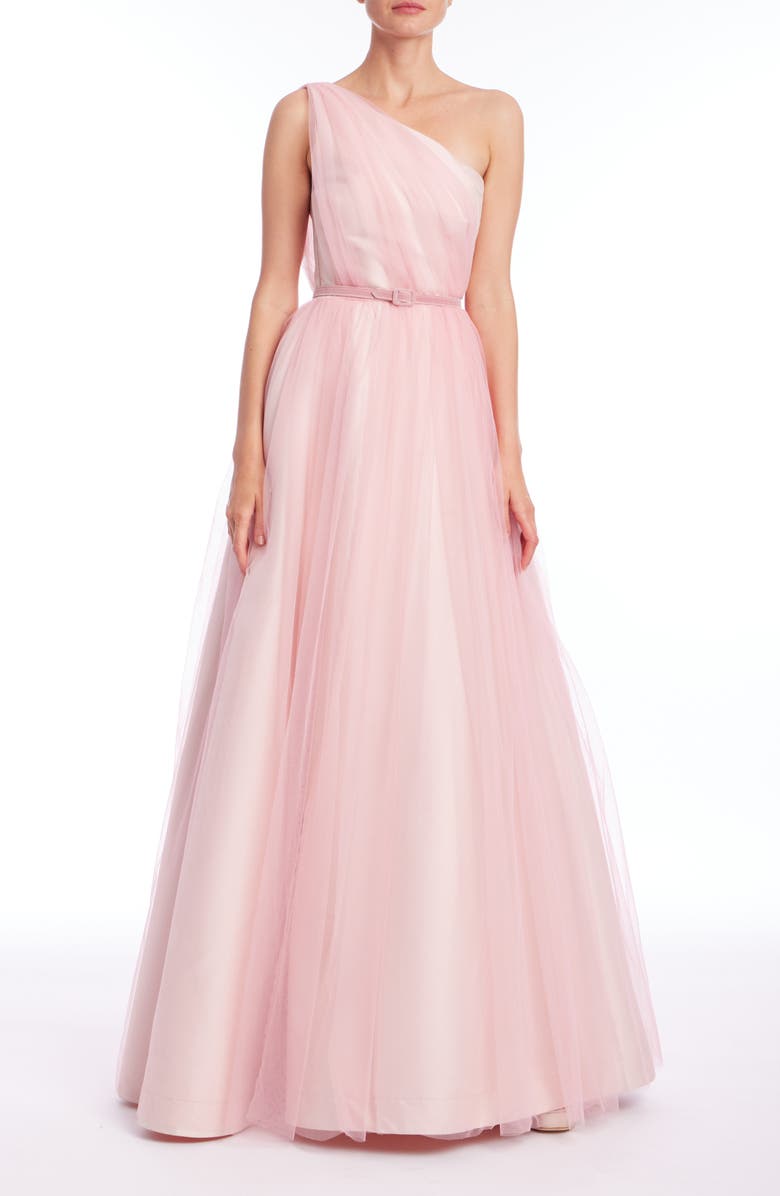 Badgley Mischka Collection One-Shoulder A-Line Tulle Gown, Main, color, Peony