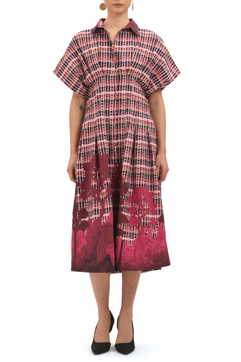 Tartan Embroidered Short Sleeve Cotton Shirtdress, Main, color, PINK