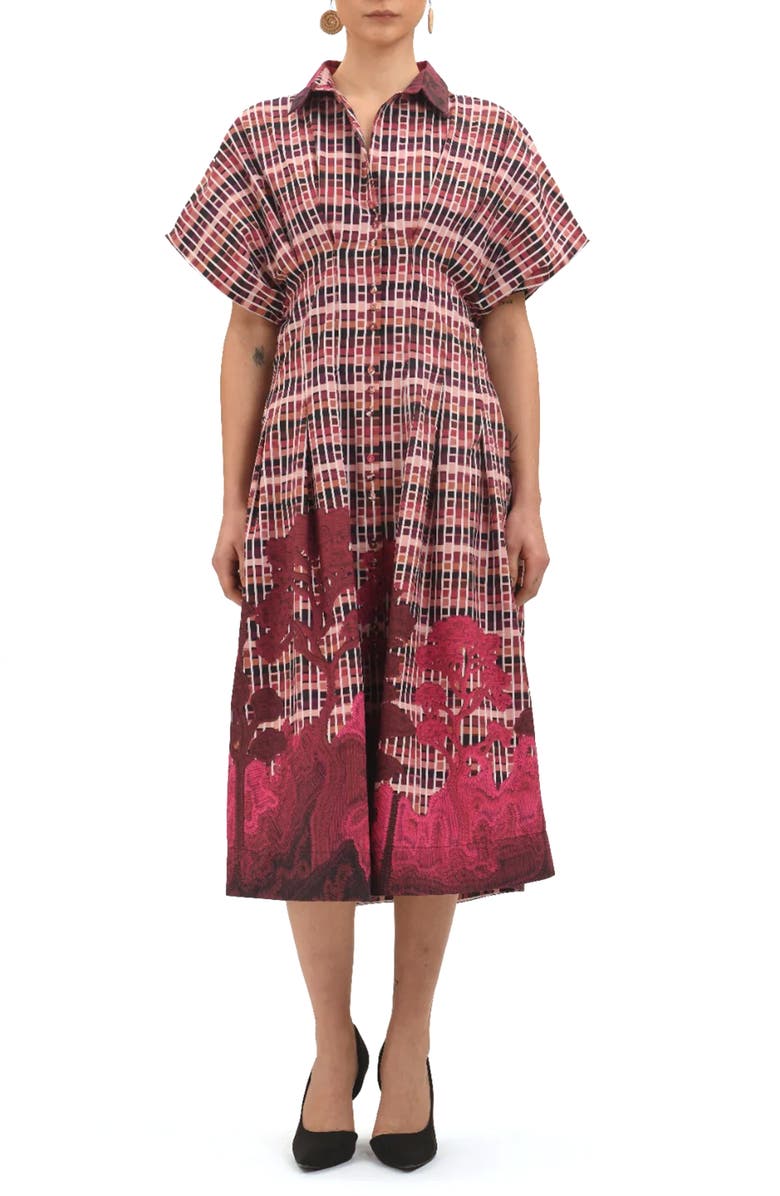 Celina Moon Tartan Embroidered Short Sleeve Cotton Shirtdress, Main, color, Pink