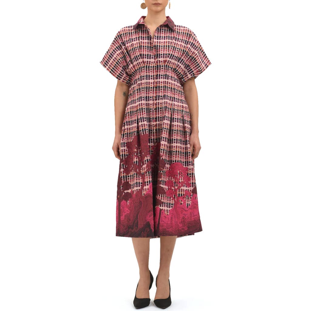 Celina Moon Tartan Embroidered Short Sleeve Cotton Shirtdress in Pink at Nordstrom Rack, Size X-Small