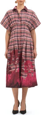 Celina Moon Tartan Embroidered Short Sleeve Cotton Shirtdress