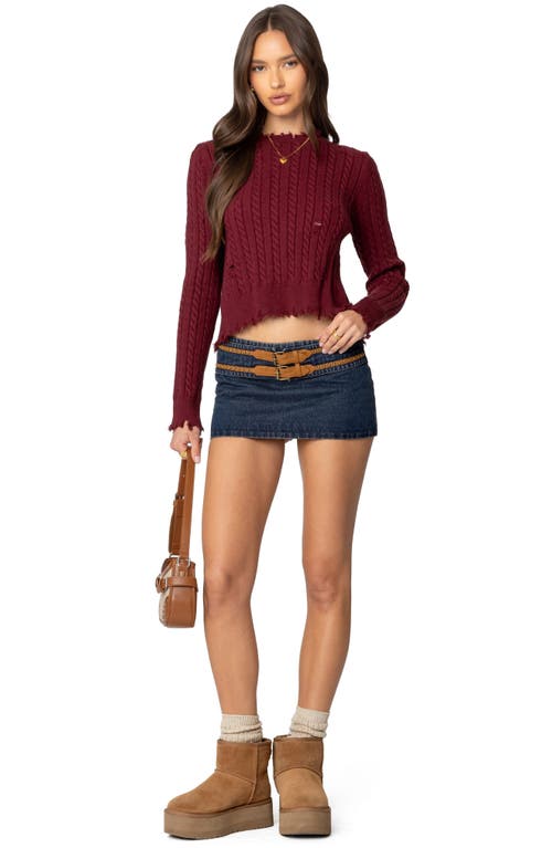 Shop Edikted Split Back Cable Stitch Crewneck Sweater In Burgundy
