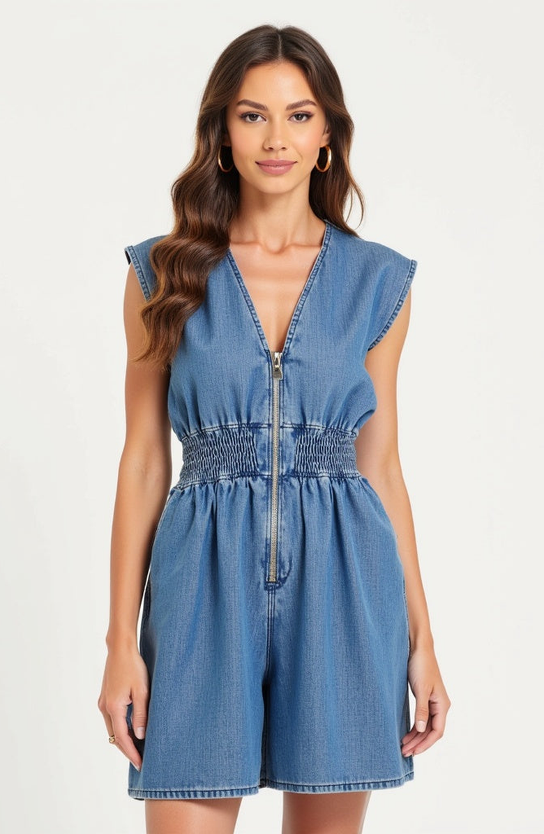 Modenaire Denim Cap Sleeve Smocked Waist Front Zip Closure Romper, Alternate, color, Denim Blue
