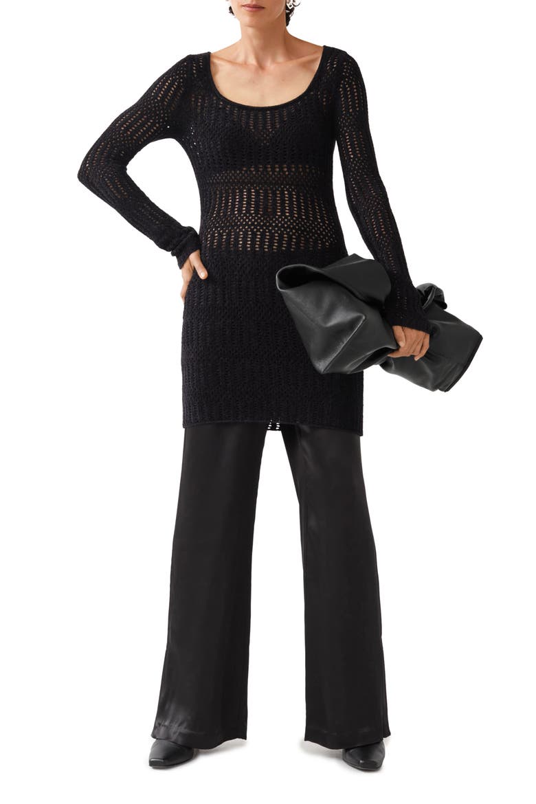 Open Stitch Long Sleeve Dress, Main, color, BLACK