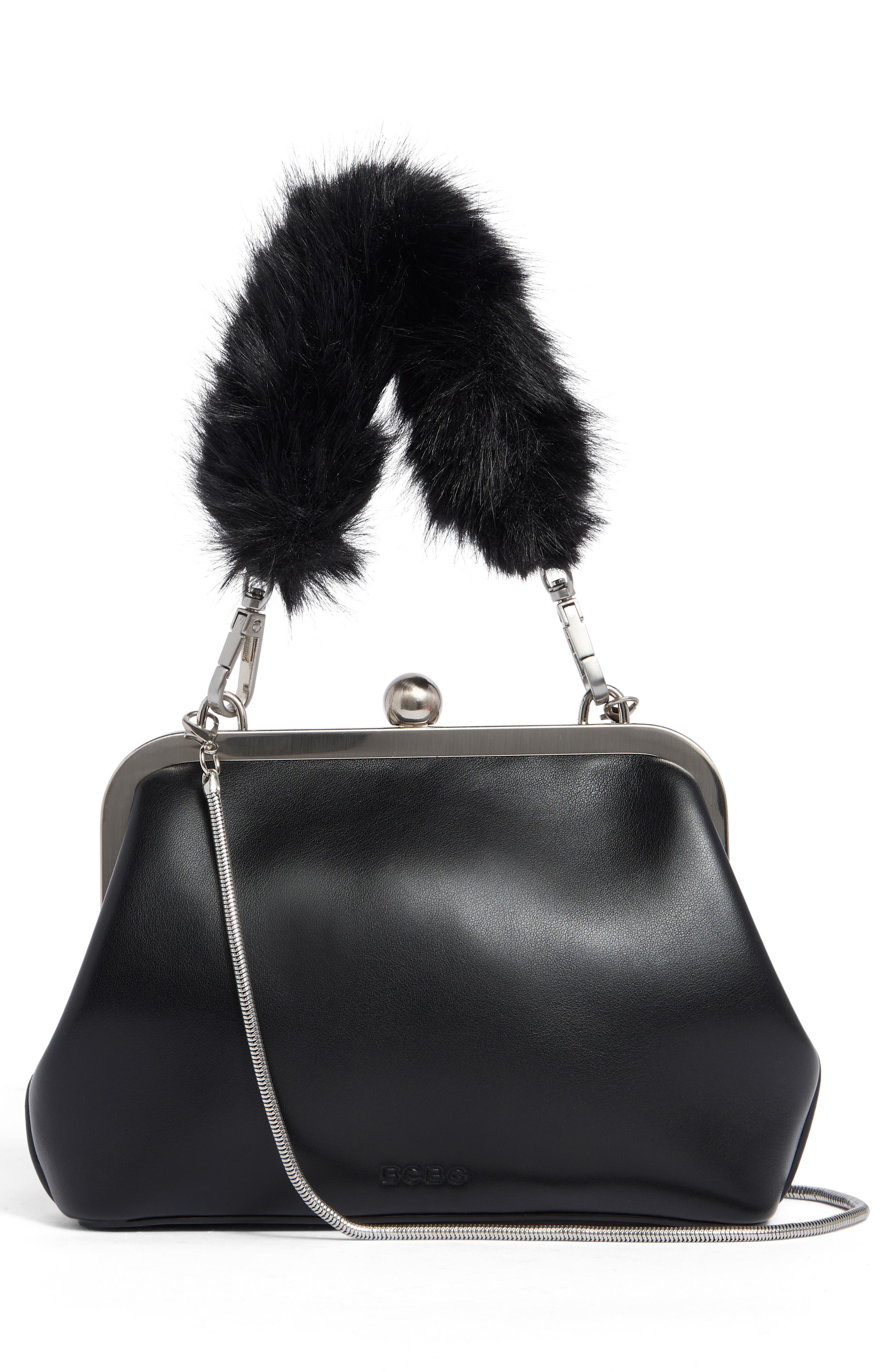 Faux Fur Handle Faux Leather Frame Clutch, Alternate, color, BLACK