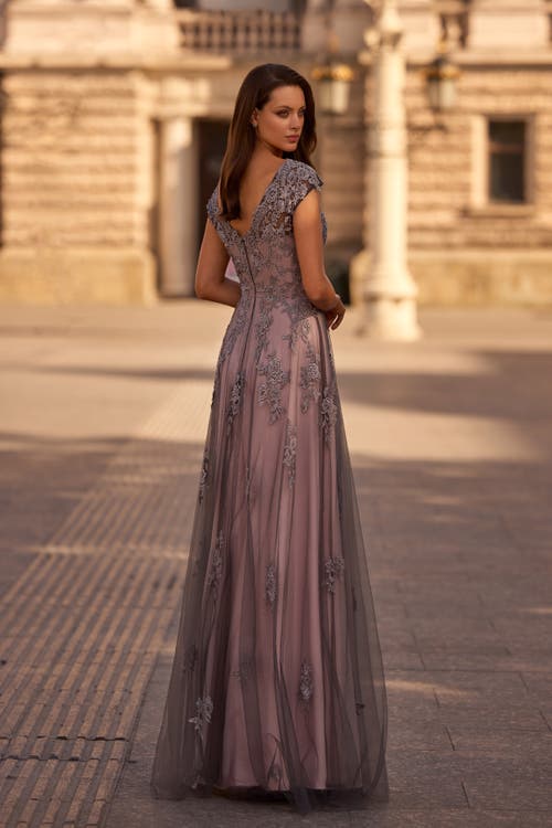 La Femme Tulle Evening Gown With Embroidery And Cap Sleeves In Pink/gray