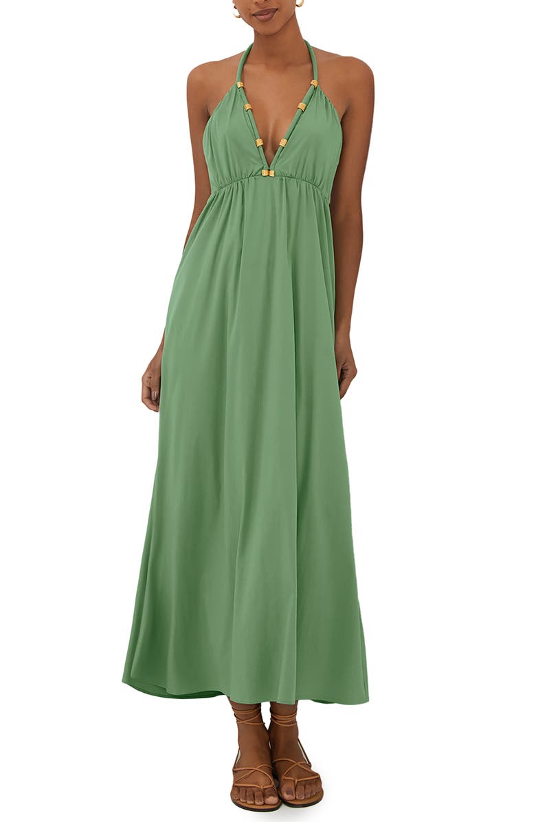 ViX Paula Hermanny Livie Cover-Up Halter Maxi Dress, Main, color, Green