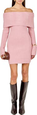 Endless Rose Off the Shoulder Long Sleeve Cable Stitch Sweater Dress with Tie